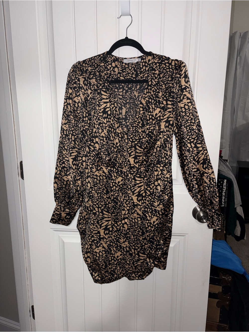 Lush Black and Tan Abstract Print Long Sleeve Mini Dress